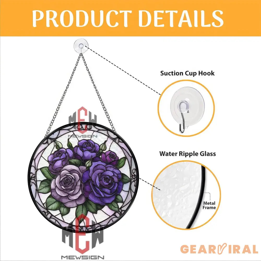 Purple Rose Stained Glass Suncatcher Round Floral Window Hanging Lavender & Violet Rose Panel Romantic Gift for Garden