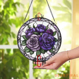 Purple Rose Stained Glass Suncatcher Round Floral Window Hanging Lavender & Violet Rose Panel Romantic Gift for Garden