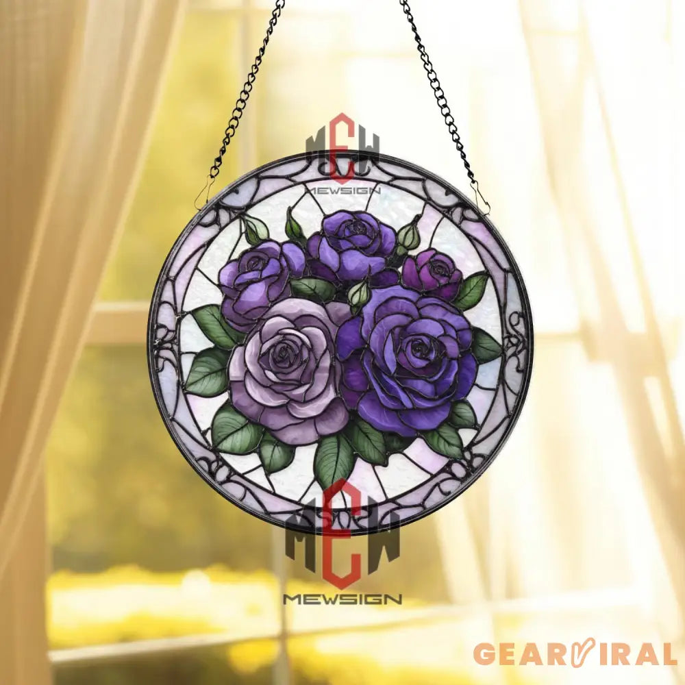 Purple Rose Stained Glass Suncatcher Round Floral Window Hanging Lavender & Violet Rose Panel Romantic Gift for Garden