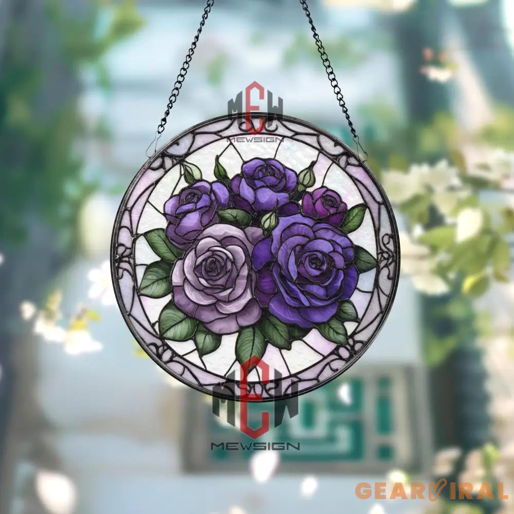 Purple Rose Stained Glass Suncatcher Round Floral Window Hanging Lavender & Violet Rose Panel Romantic Gift for Garden