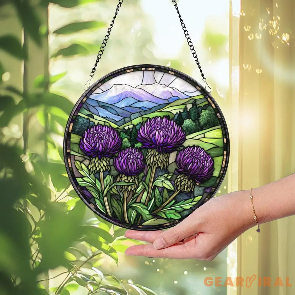 Purple Thistle Stained Glass Suncatcher Scottish Wildflower Window Hanging Highland Landscape Round Glass Art Nature