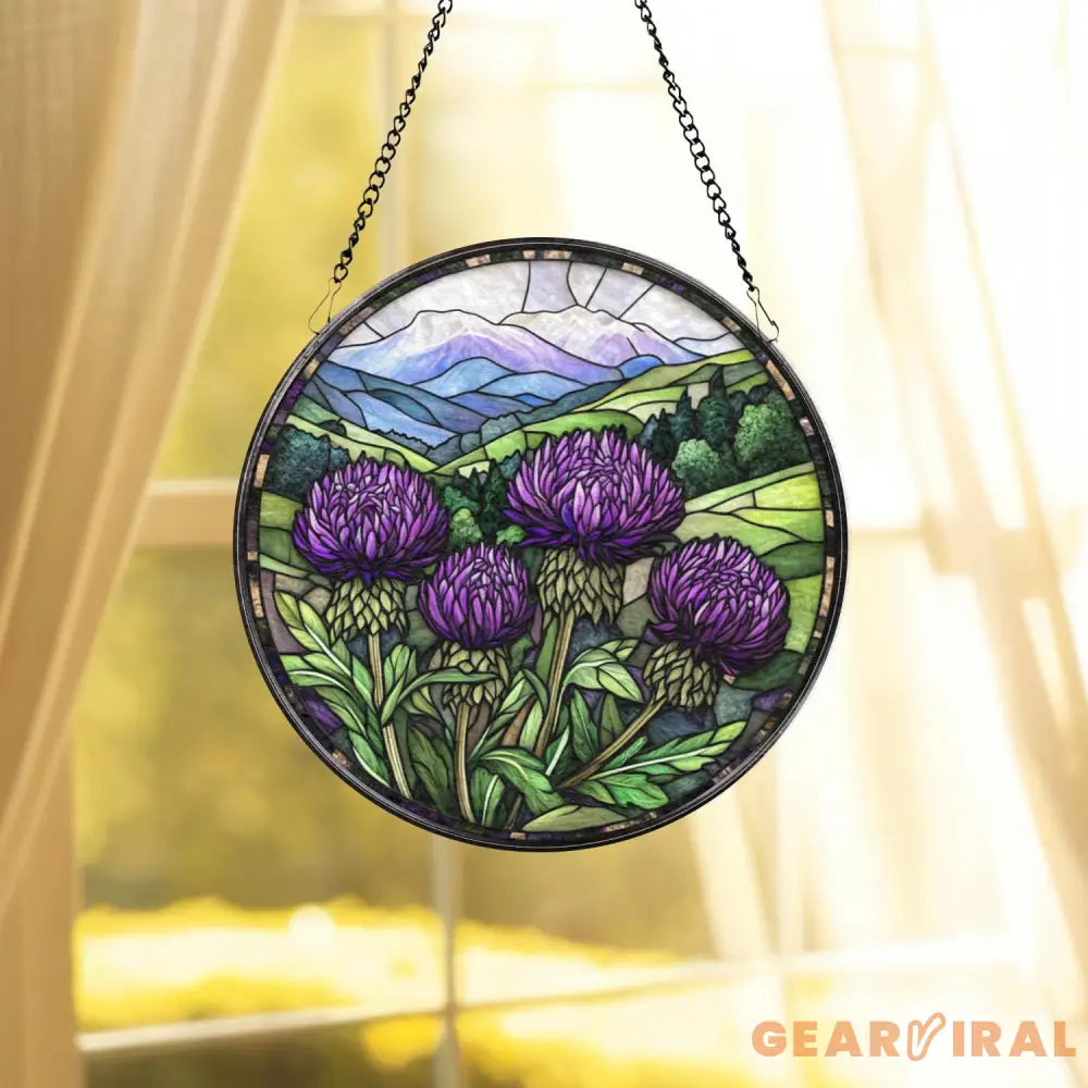 Purple Thistle Stained Glass Suncatcher Scottish Wildflower Window Hanging Highland Landscape Round Glass Art Nature