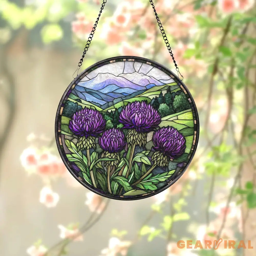 Purple Thistle Stained Glass Suncatcher Scottish Wildflower Window Hanging Highland Landscape Round Glass Art Nature
