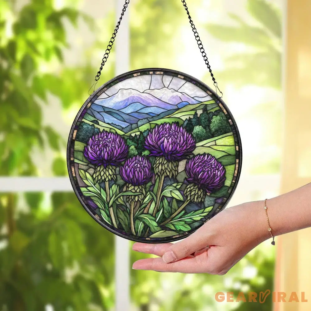 Purple Thistle Stained Glass Suncatcher Scottish Wildflower Window Hanging Highland Landscape Round Glass Art Nature