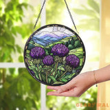 Purple Thistle Stained Glass Suncatcher Scottish Wildflower Window Hanging Highland Landscape Round Glass Art Nature