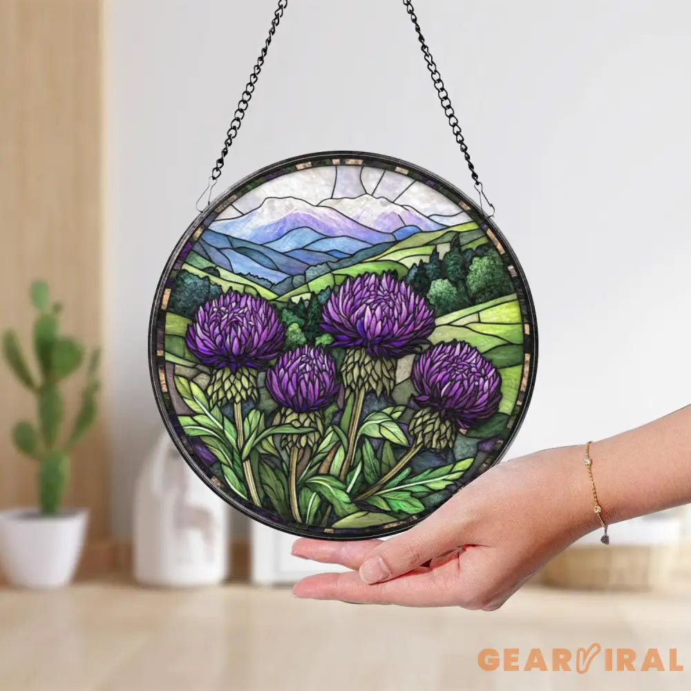 Purple Thistle Stained Glass Suncatcher Scottish Wildflower Window Hanging Highland Landscape Round Glass Art Nature