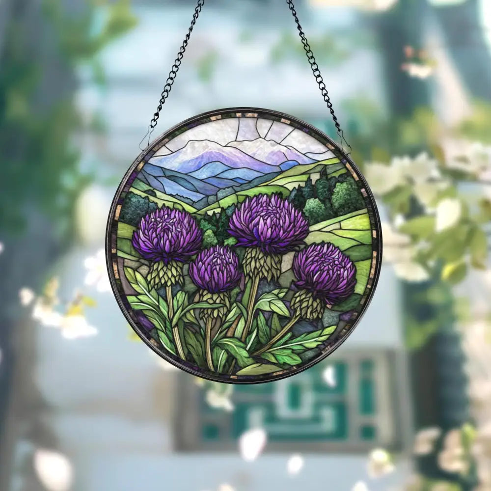 Purple Thistle Stained Glass Suncatcher Scottish Wildflower Window Hanging Highland Landscape Round Glass Art Nature