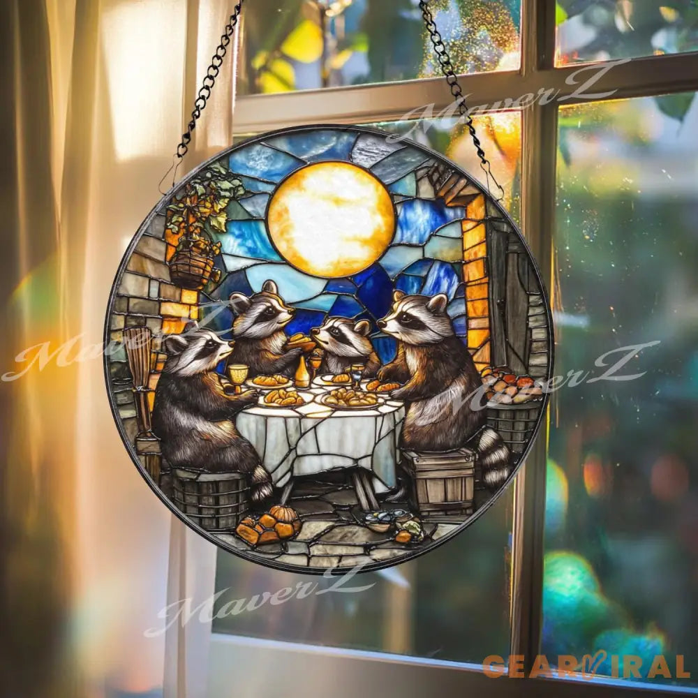 Raccoon Dinner Party Stained Glass Suncatcher Funny Animal Window Hanging Moonlight Feast Panel Whimsical Woodland