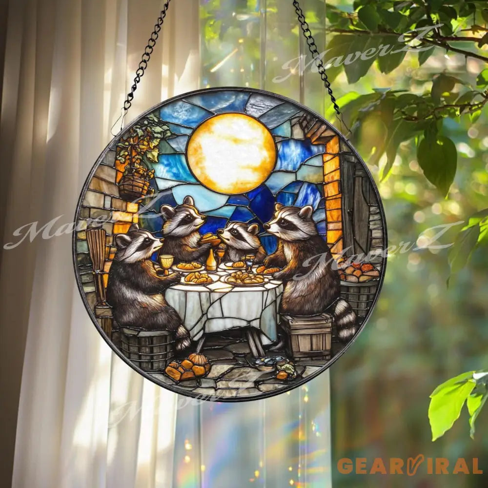 Raccoon Dinner Party Stained Glass Suncatcher Funny Animal Window Hanging Moonlight Feast Panel Whimsical Woodland