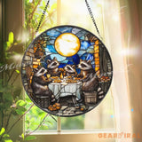 Raccoon Dinner Party Stained Glass Suncatcher Funny Animal Window Hanging Moonlight Feast Panel Whimsical Woodland