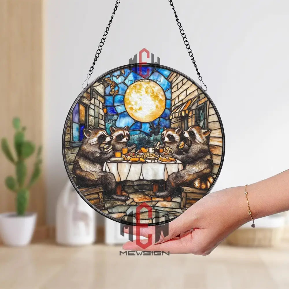 Raccoon Dinner Stained Glass Suncatcher Funny Animal Window Hanging Full Moon Glass Panel Woodland Friends Decor