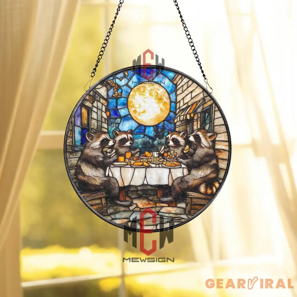 Raccoon Dinner Stained Glass Suncatcher Funny Animal Window Hanging Full Moon Glass Panel Woodland Friends Decor