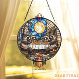 Raccoon Dinner Stained Glass Suncatcher Funny Animal Window Hanging Full Moon Glass Panel Woodland Friends Decor