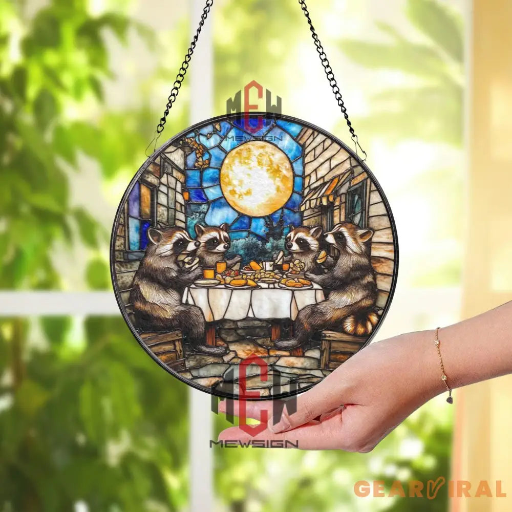 Raccoon Dinner Stained Glass Suncatcher Funny Animal Window Hanging Full Moon Glass Panel Woodland Friends Decor