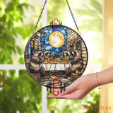 Raccoon Dinner Stained Glass Suncatcher Funny Animal Window Hanging Full Moon Glass Panel Woodland Friends Decor
