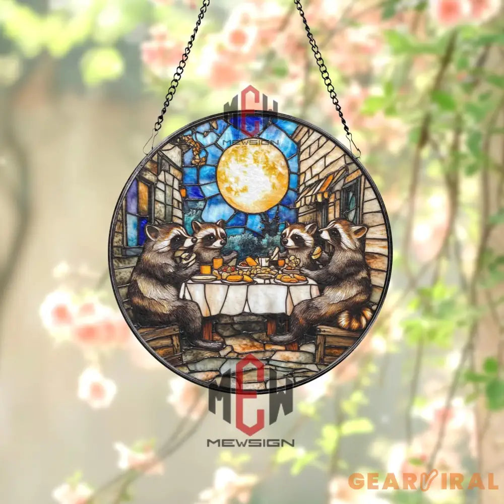 Raccoon Dinner Stained Glass Suncatcher Funny Animal Window Hanging Full Moon Glass Panel Woodland Friends Decor