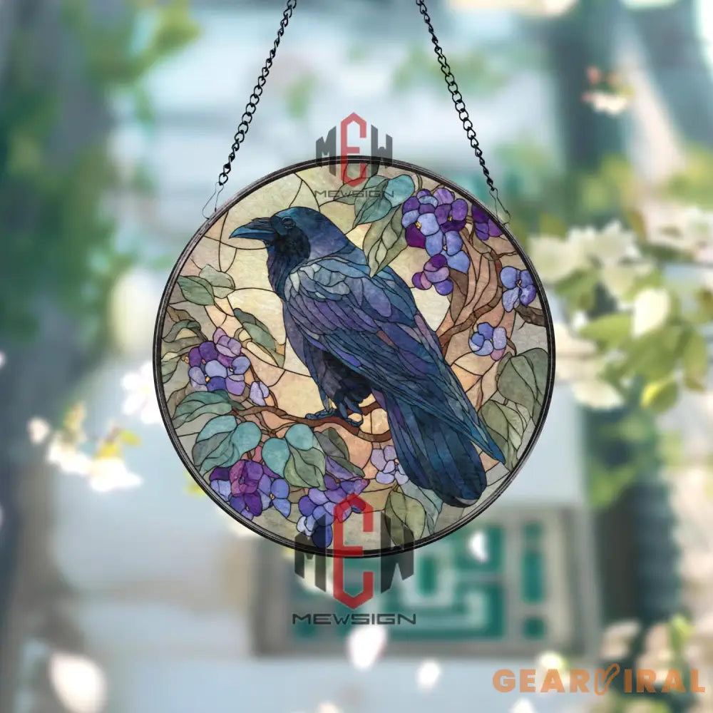 Raven and Wisteria Stained Glass Suncatcher Gothic Purple Bird Window Panel Mystical Nature Decor Crow Lover Gift