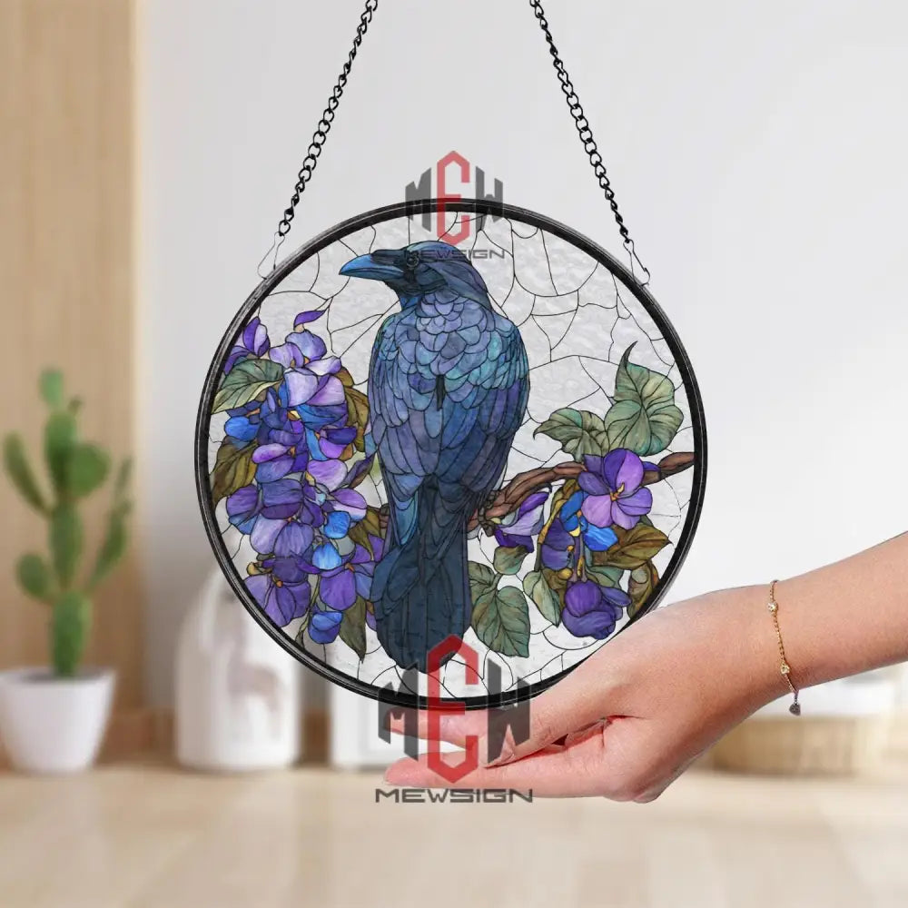 Raven and Wisteria Stained Glass Suncatcher Gothic Purple Bird Window Panel Mystical Nature Decor Crow Lover Gift