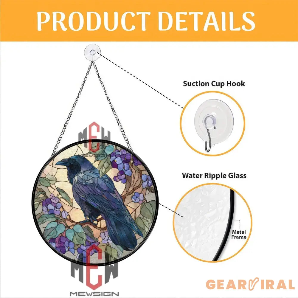 Raven and Wisteria Stained Glass Suncatcher Gothic Purple Bird Window Panel Mystical Nature Decor Crow Lover Gift