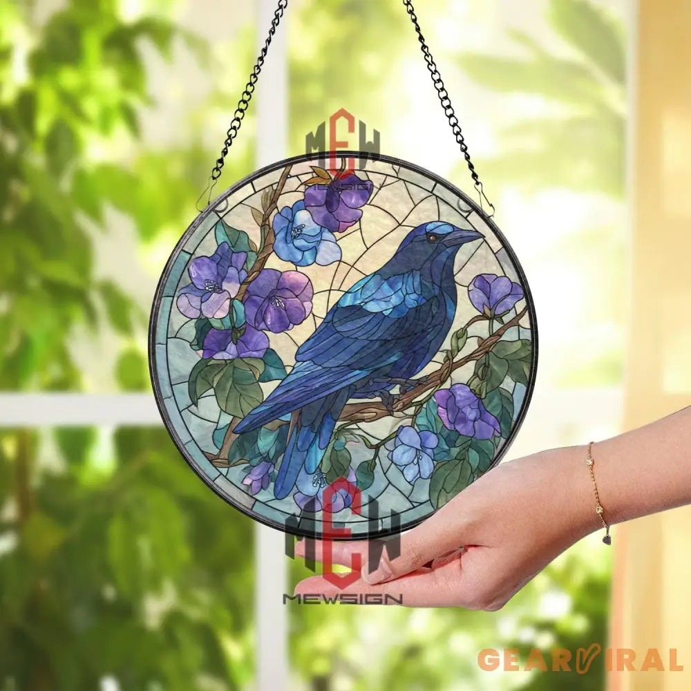Raven and Wisteria Stained Glass Suncatcher Gothic Purple Bird Window Panel Mystical Nature Decor Crow Lover Gift