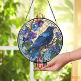 Raven and Wisteria Stained Glass Suncatcher Gothic Purple Bird Window Panel Mystical Nature Decor Crow Lover Gift