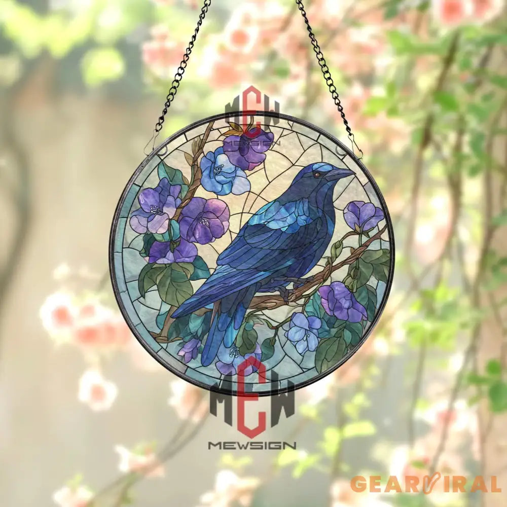 Raven and Wisteria Stained Glass Suncatcher Gothic Purple Bird Window Panel Mystical Nature Decor Crow Lover Gift