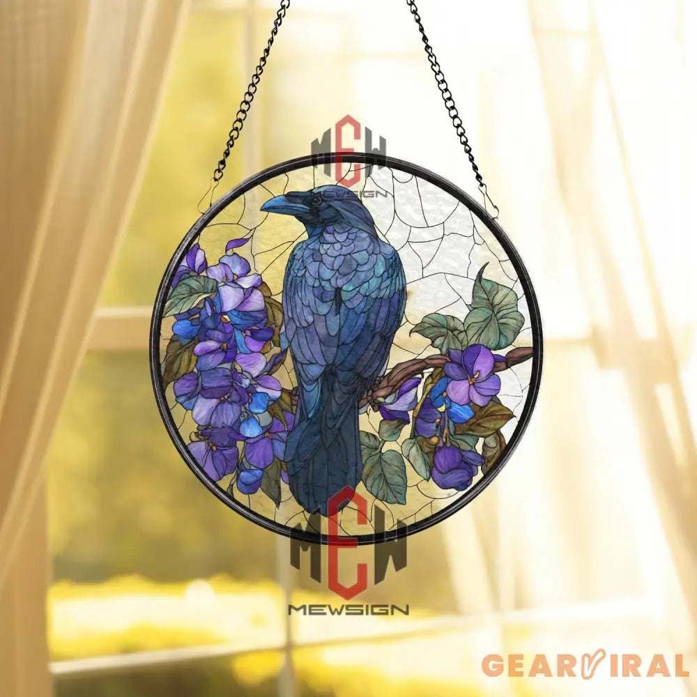 Raven and Wisteria Stained Glass Suncatcher Gothic Purple Bird Window Panel Mystical Nature Decor Crow Lover Gift