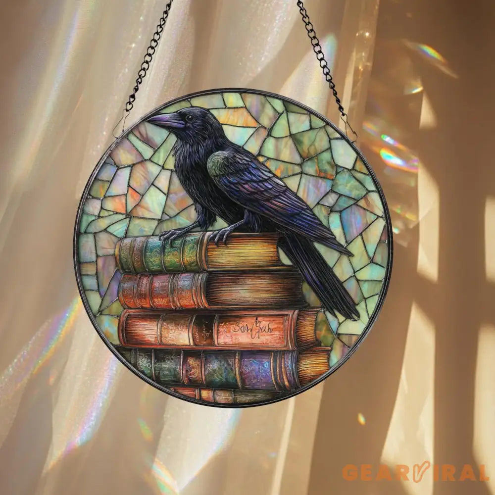 Raven on Books Suncatcher Gothic Stained Glass Decor Dark Academia Window Hanging Crow Art Panel Book Lover Gift