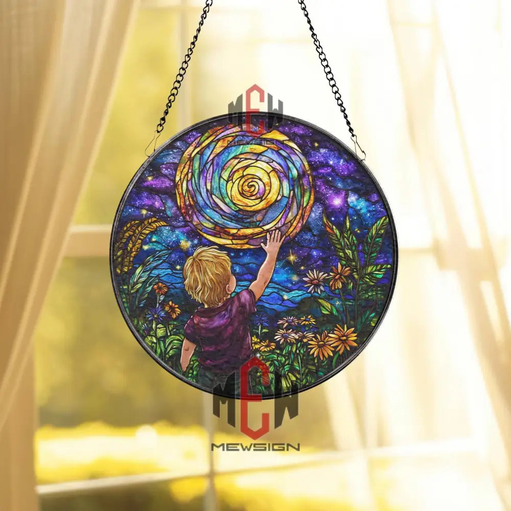 Reach for the Stars Stained Glass Suncatcher Galaxy Night Sky Art Panel Round Cosmic Window Hanging with Child & Sun