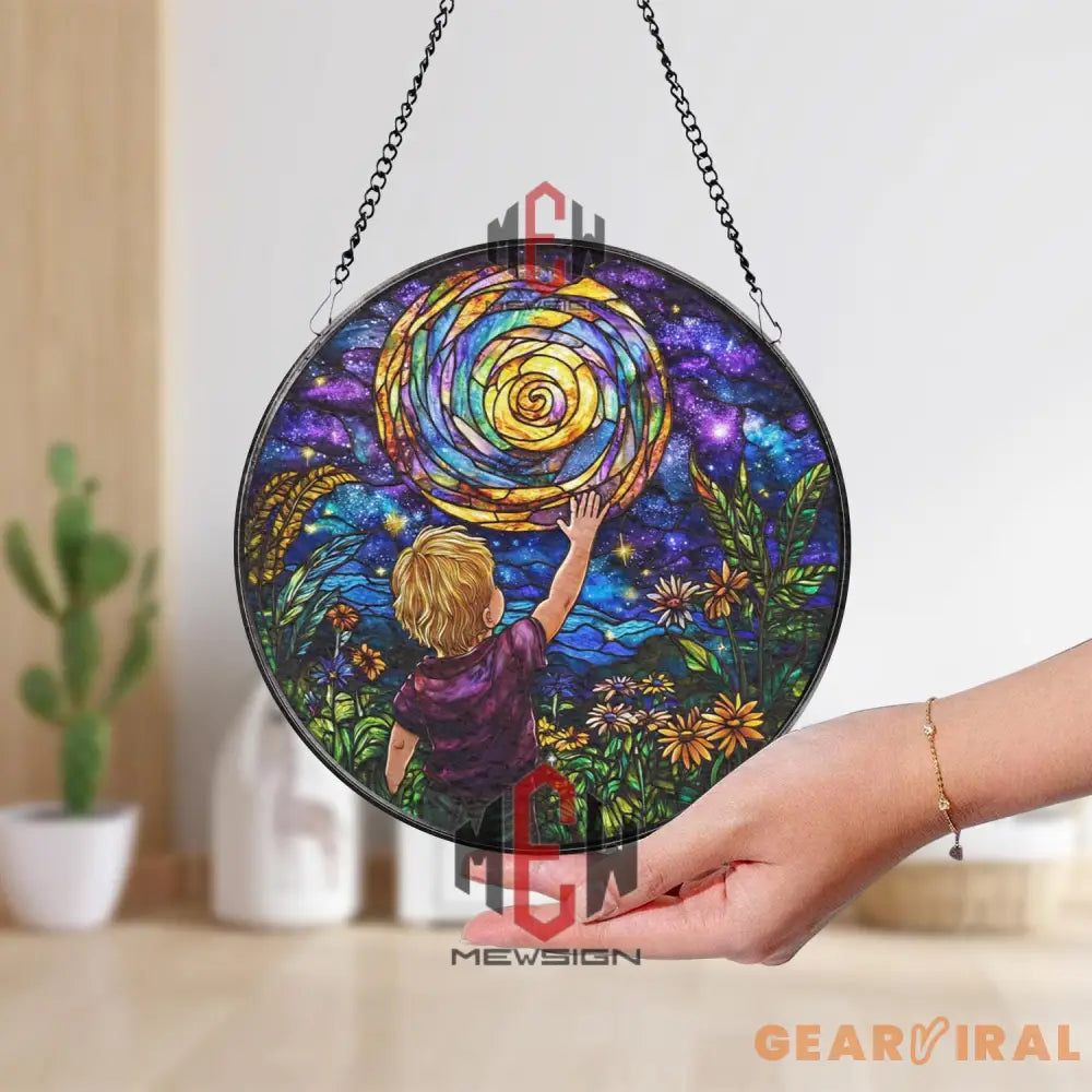 Reach for the Stars Stained Glass Suncatcher Galaxy Night Sky Art Panel Round Cosmic Window Hanging with Child & Sun