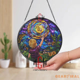 Reach for the Stars Stained Glass Suncatcher Galaxy Night Sky Art Panel Round Cosmic Window Hanging with Child & Sun