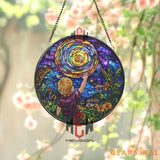 Reach for the Stars Stained Glass Suncatcher Galaxy Night Sky Art Panel Round Cosmic Window Hanging with Child & Sun