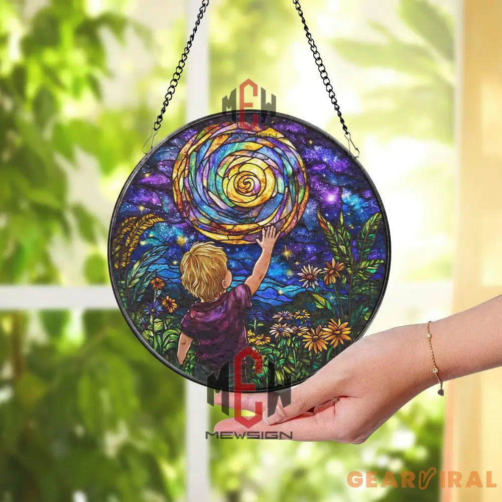 Reach for the Stars Stained Glass Suncatcher Galaxy Night Sky Art Panel Round Cosmic Window Hanging with Child & Sun
