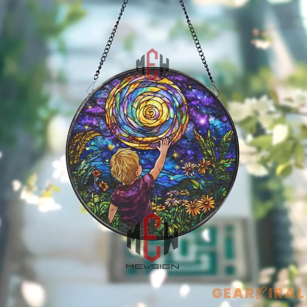 Reach for the Stars Stained Glass Suncatcher Galaxy Night Sky Art Panel Round Cosmic Window Hanging with Child & Sun