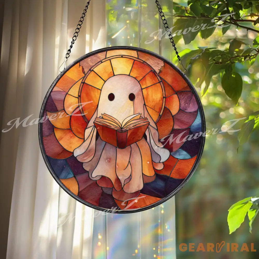 Reading Ghost Stained Glass Suncatcher Whimsical Halloween Window Panel Cozy Spooky Decor Book Lover Gift Ghost Reading