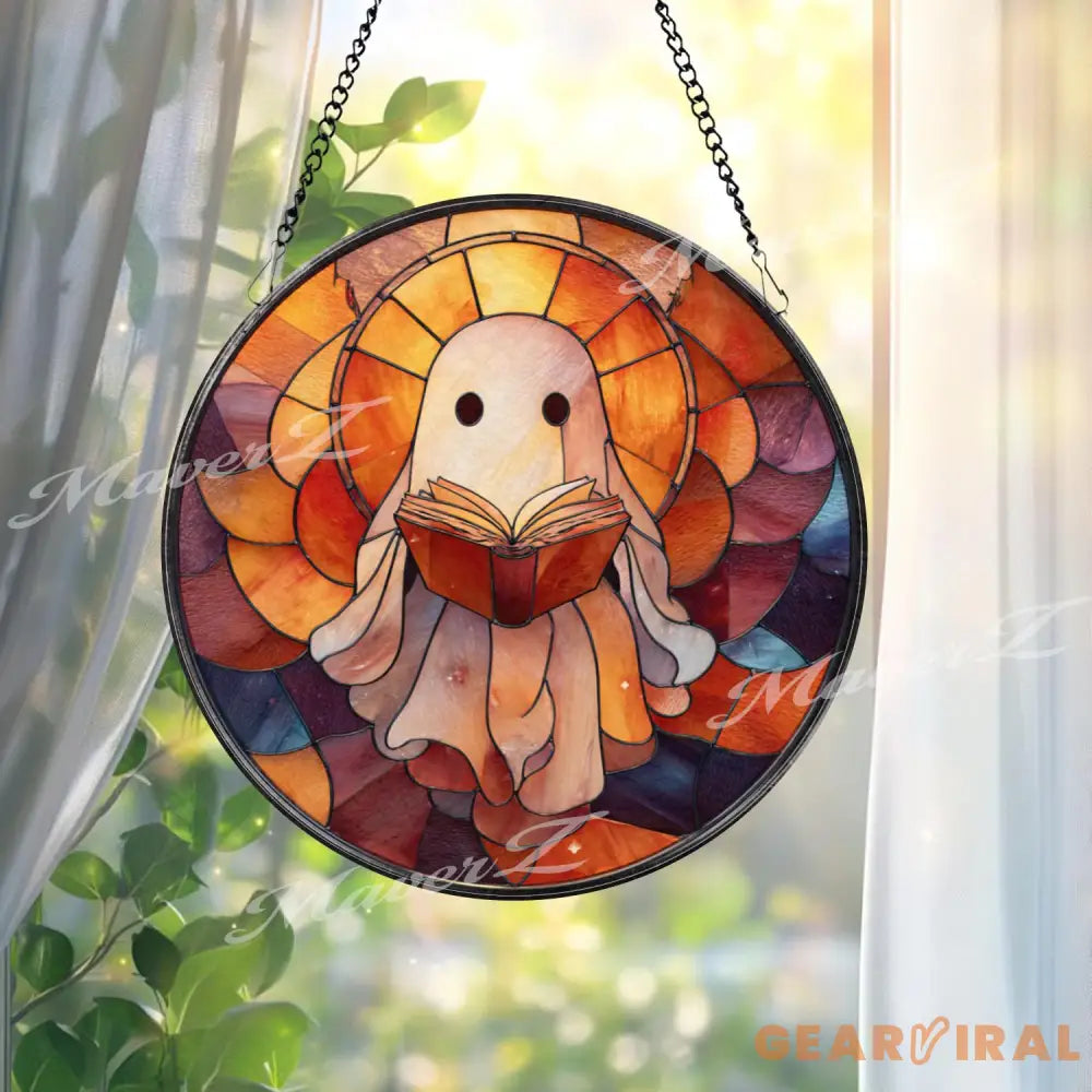 Reading Ghost Stained Glass Suncatcher Whimsical Halloween Window Panel Cozy Spooky Decor Book Lover Gift Ghost Reading