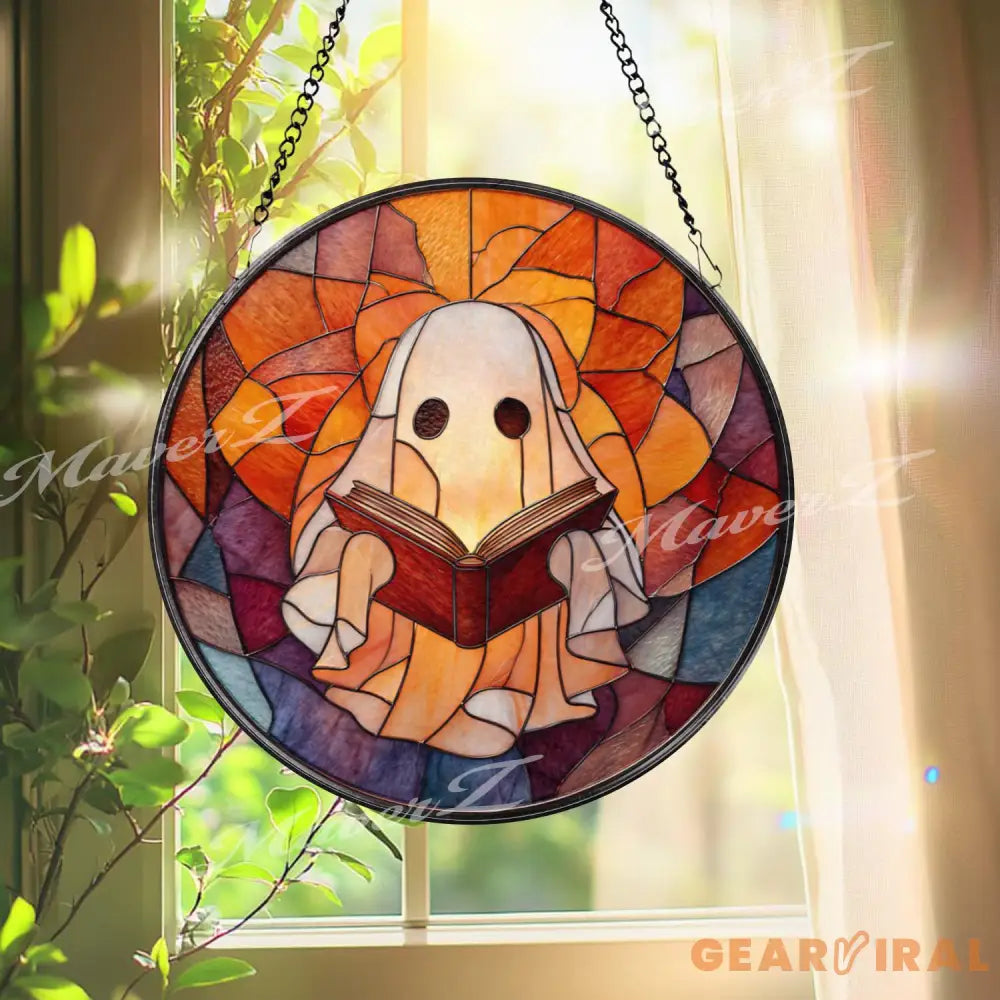 Reading Ghost Stained Glass Suncatcher Whimsical Halloween Window Panel Cozy Spooky Decor Book Lover Gift Ghost Reading