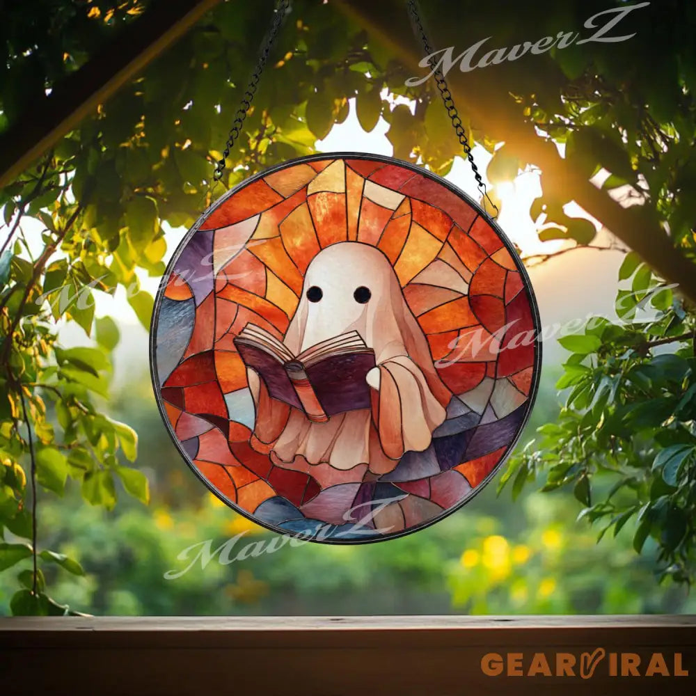 Reading Ghost Stained Glass Suncatcher Whimsical Halloween Window Panel Cozy Spooky Decor Book Lover Gift Ghost Reading