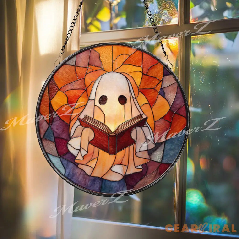Reading Ghost Stained Glass Suncatcher Whimsical Halloween Window Panel Cozy Spooky Decor Book Lover Gift Ghost Reading