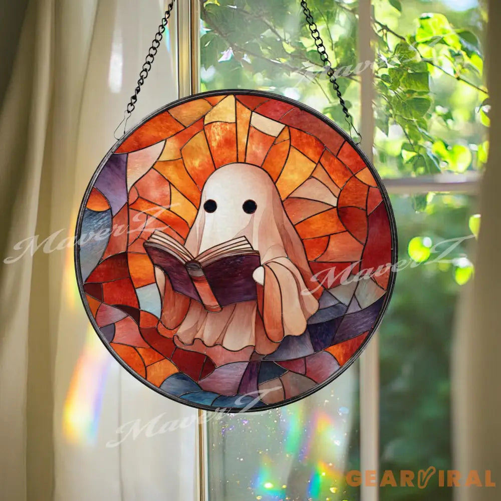 Reading Ghost Stained Glass Suncatcher Whimsical Halloween Window Panel Cozy Spooky Decor Book Lover Gift Ghost Reading