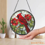 Red Cardinal Stained Glass Suncatcher Memorial Bird Window Hanging Floral Round Glass Art Gift for Nature and Bird