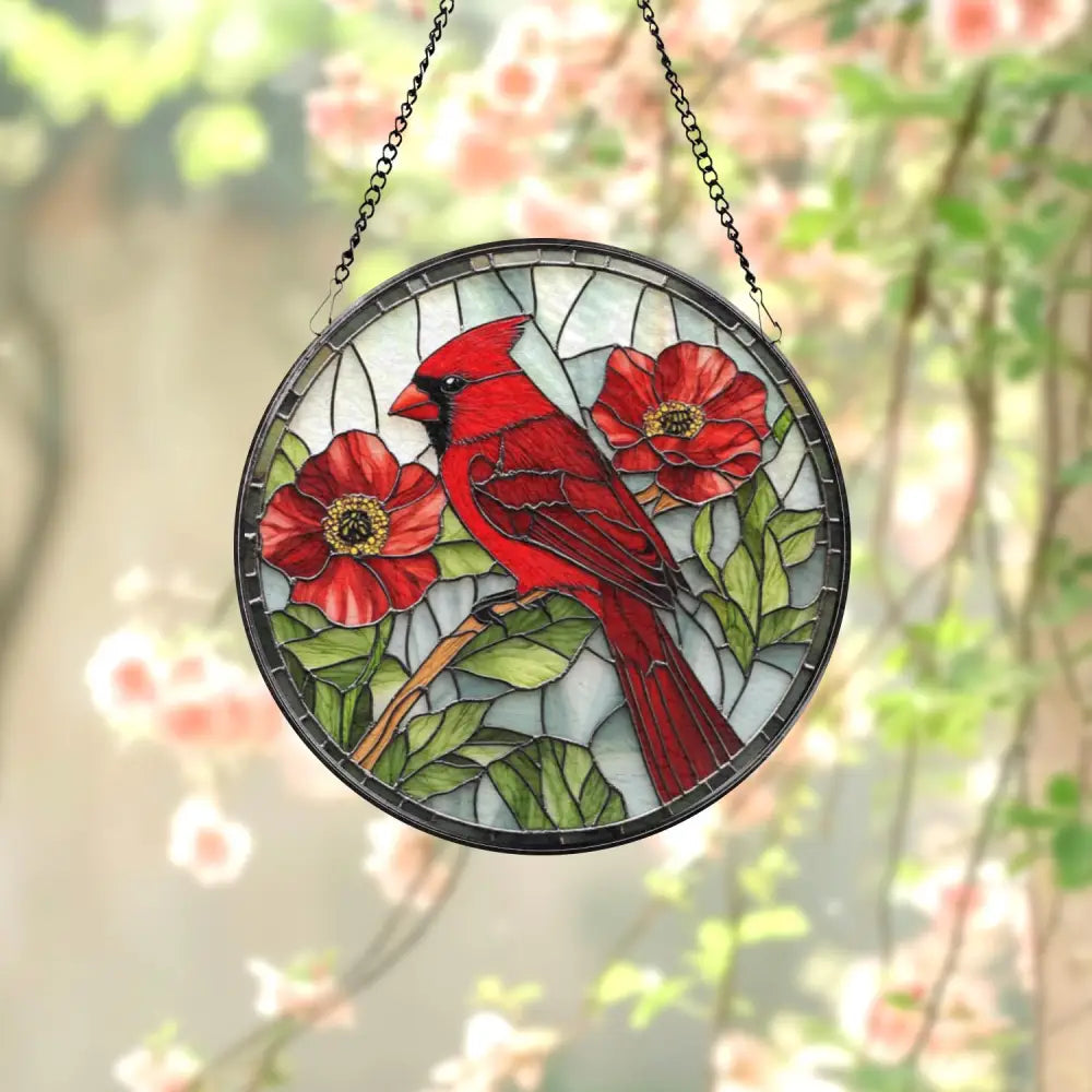 Red Cardinal Stained Glass Suncatcher Memorial Bird Window Hanging Floral Round Glass Art Gift for Nature and Bird