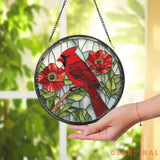 Red Cardinal Stained Glass Suncatcher Memorial Bird Window Hanging Floral Round Glass Art Gift for Nature and Bird