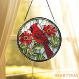 Red Cardinal Stained Glass Suncatcher Memorial Bird Window Hanging Floral Round Glass Art Gift for Nature and Bird