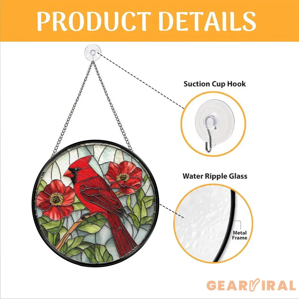 Red Cardinal Stained Glass Suncatcher Memorial Bird Window Hanging Floral Round Glass Art Gift for Nature and Bird