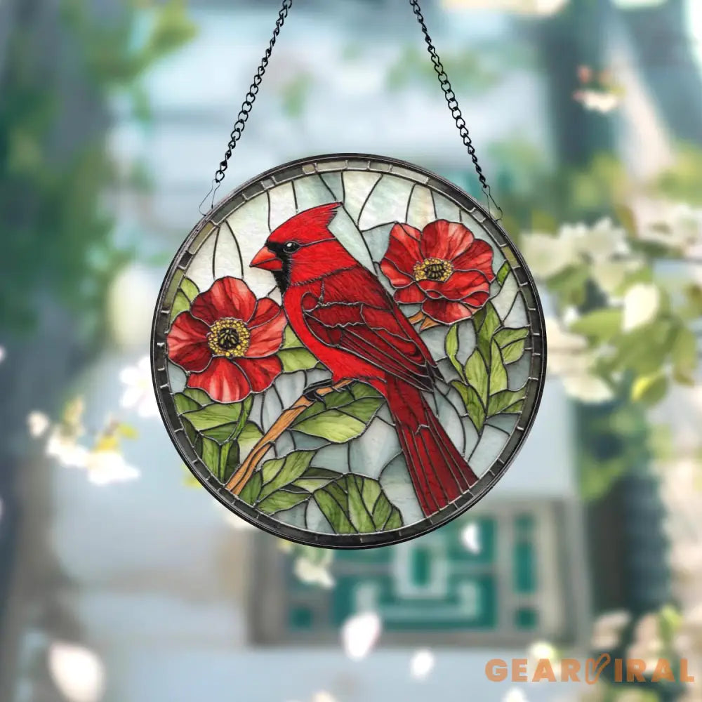 Red Cardinal Stained Glass Suncatcher Memorial Bird Window Hanging Floral Round Glass Art Gift for Nature and Bird
