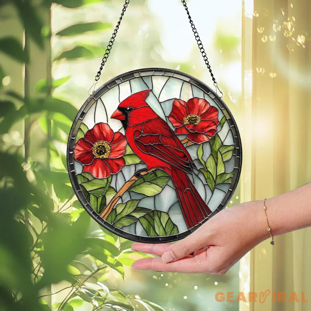 Red Cardinal Stained Glass Suncatcher Memorial Bird Window Hanging Floral Round Glass Art Gift for Nature and Bird