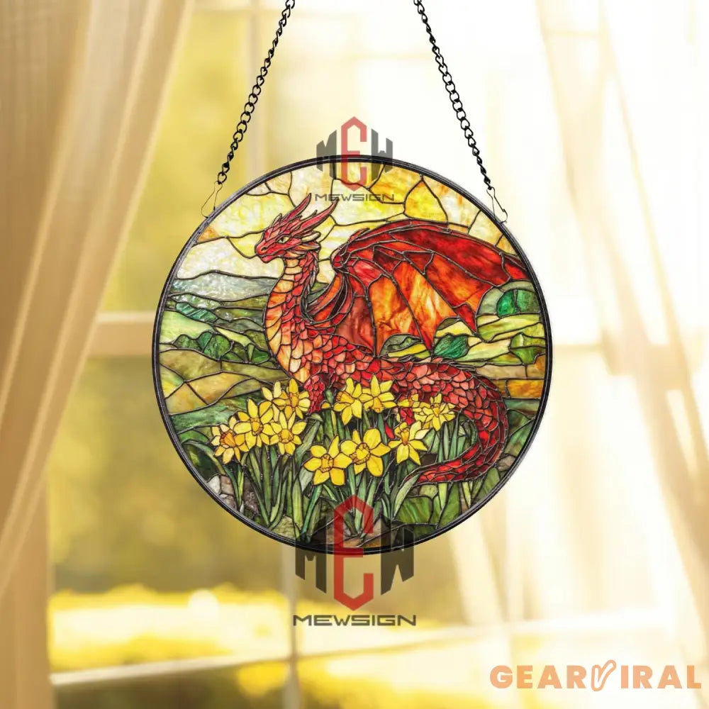 Red Dragon Stained Glass Suncatcher Fantasy Window Hanging Floral Dragon Glass Panel Daffodil Field Decor Mythical