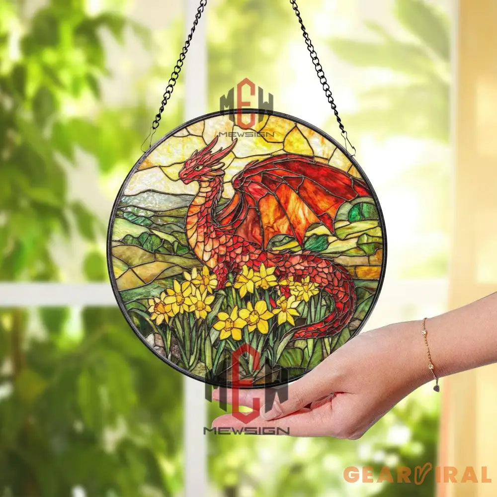 Red Dragon Stained Glass Suncatcher Fantasy Window Hanging Floral Dragon Glass Panel Daffodil Field Decor Mythical