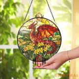 Red Dragon Stained Glass Suncatcher Fantasy Window Hanging Floral Dragon Glass Panel Daffodil Field Decor Mythical
